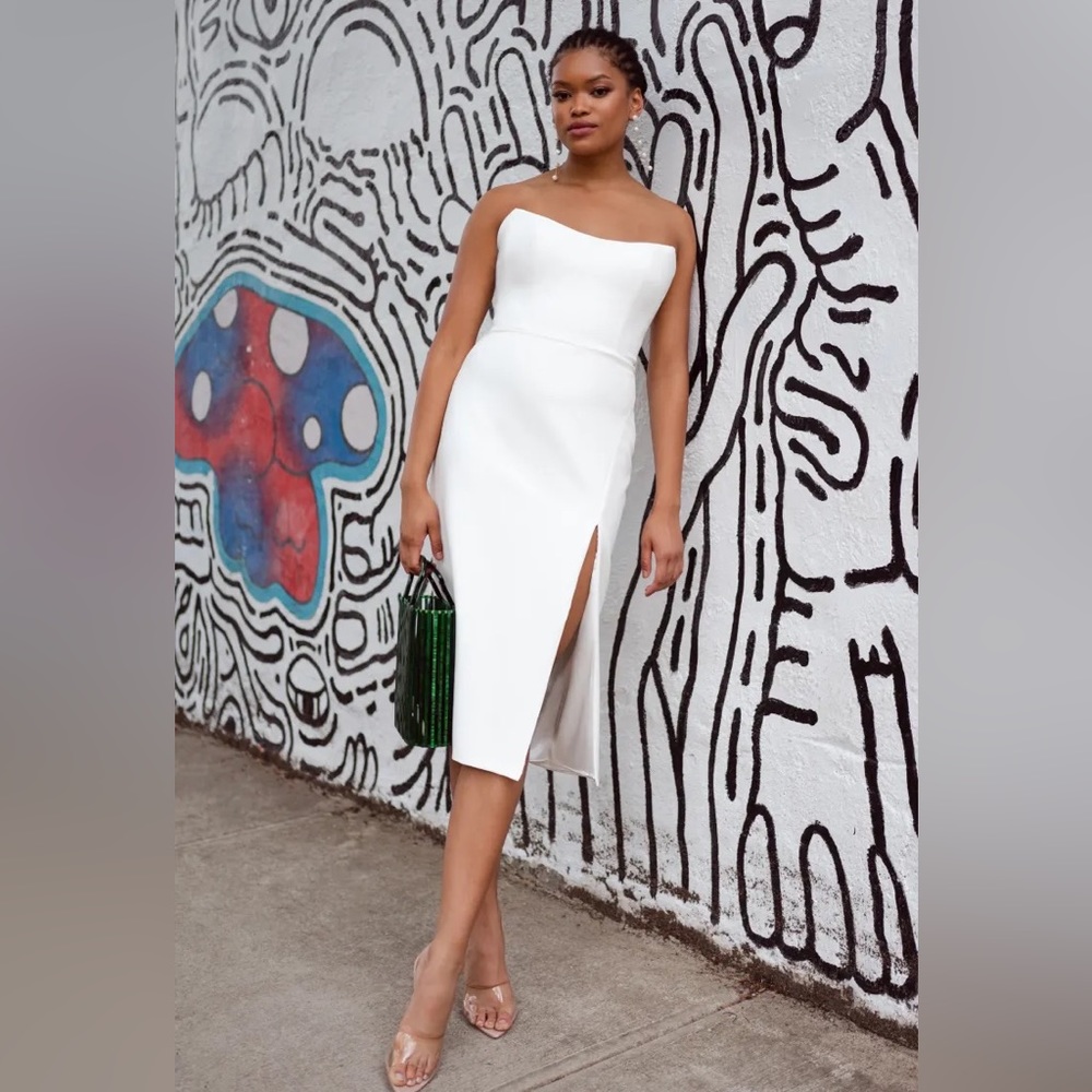 Jenny Yoo Strapless White Midi Dress with Side Slit